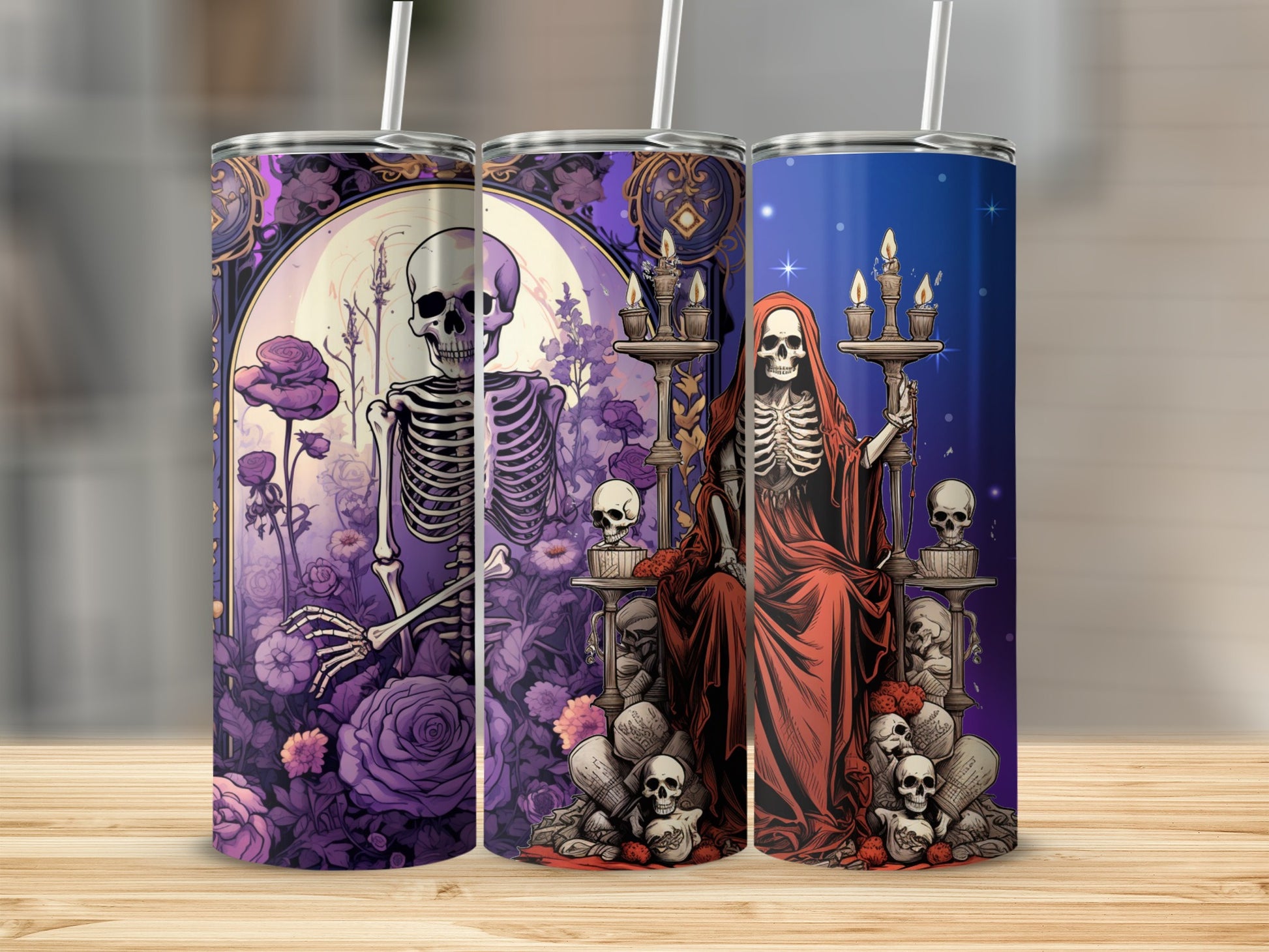 Gothic Skeleton Themed Tumblers with Dark Fantasy Art