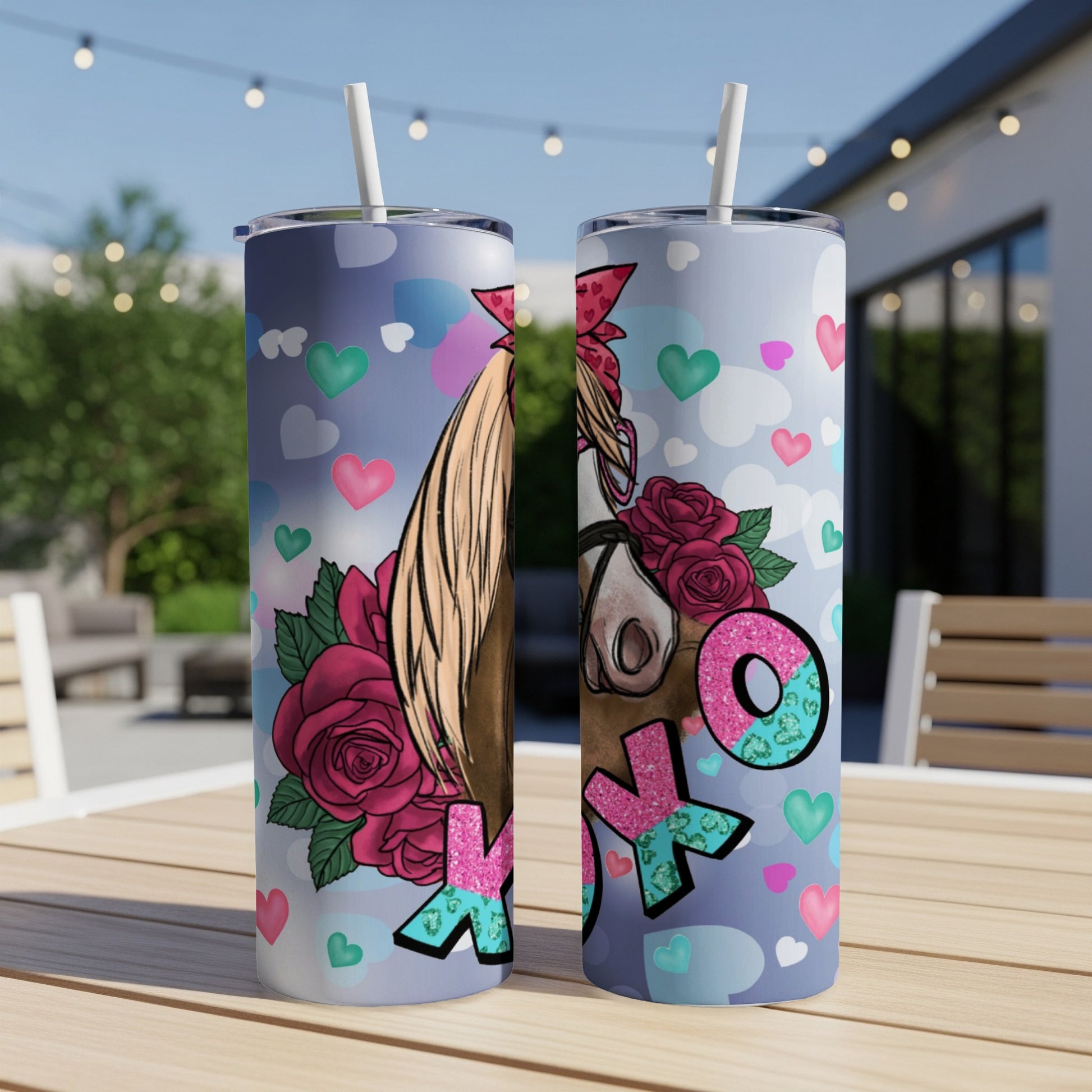 Tumblers featuring a horse with roses and hearts, "XO" text.
