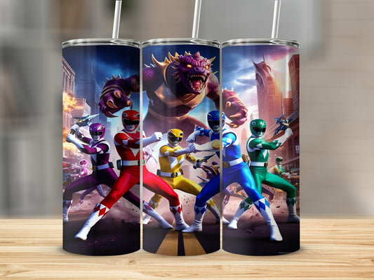 Three Power Rangers in their colored suits stand in front of a monster and city background.