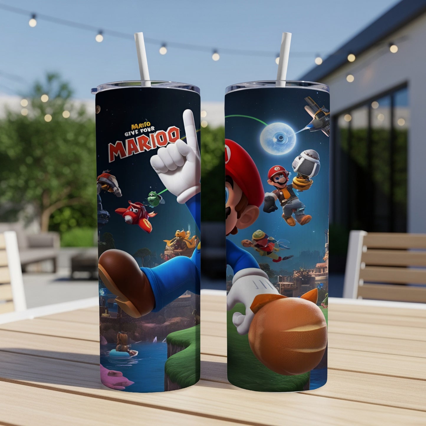 Mario Gives Your Mario!, Super Mario characters on a tumbler cup.