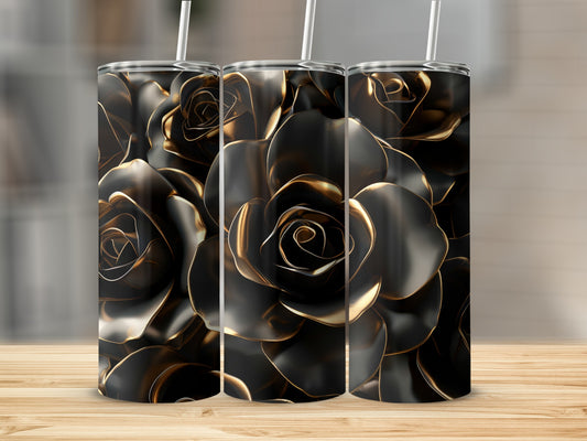Three black roses on tumblers with gold accents on a wooden surface.