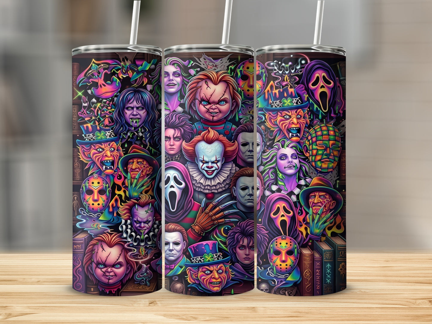 Collage of horror movie characters on three tumblers with straws.