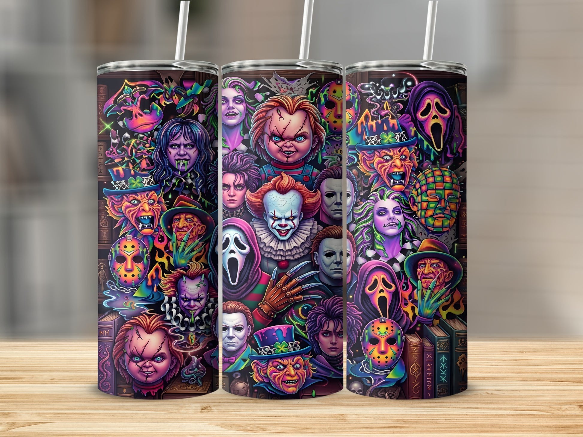 Collage of horror movie characters on three tumblers with straws.
