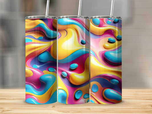 Three colorful tumblers with abstract bubbly fluid art design.