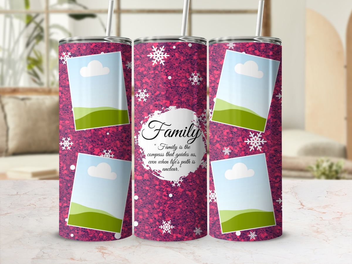 Pink glitter tumbler with snowflakes, photo frames, and "Family is the compass" quote.