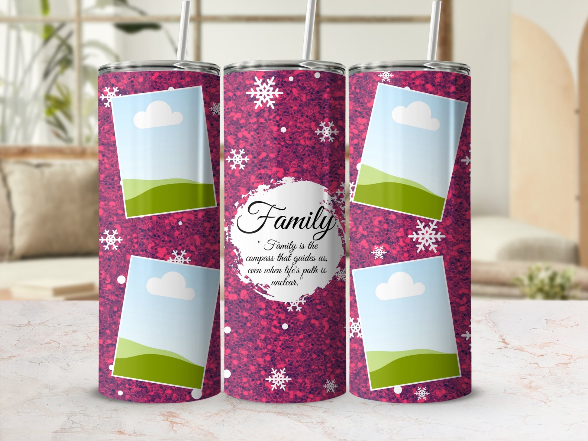 Pink glitter tumbler with snowflakes, photo frames, and "Family is the compass" quote.