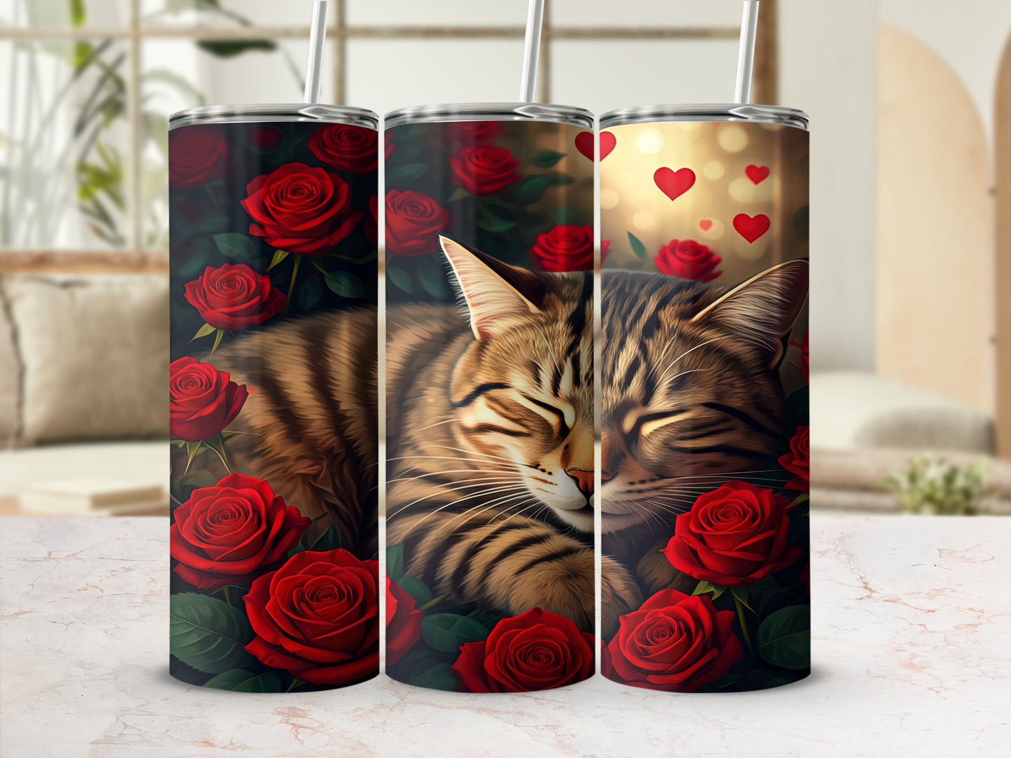 Tabby cat sleeping peacefully surrounded by red roses.