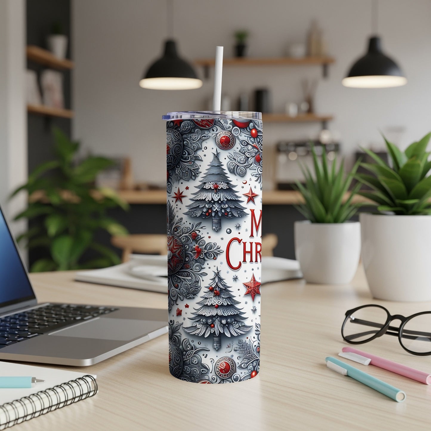 Christmas tumbler with snowflakes and trees, white lid and straw.