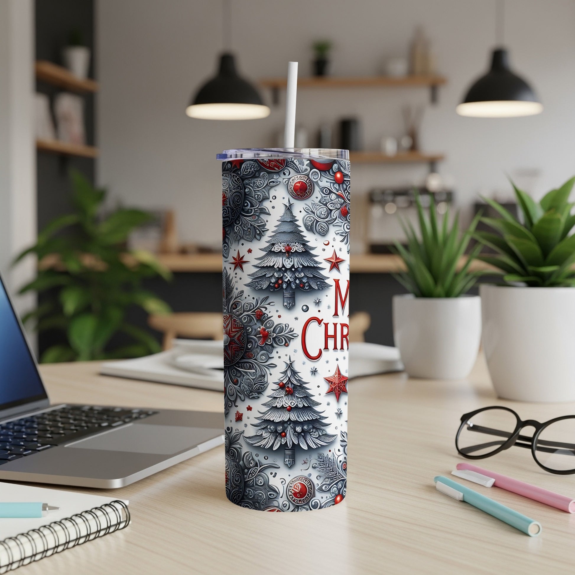 Christmas tumbler with snowflakes and trees, white lid and straw.
