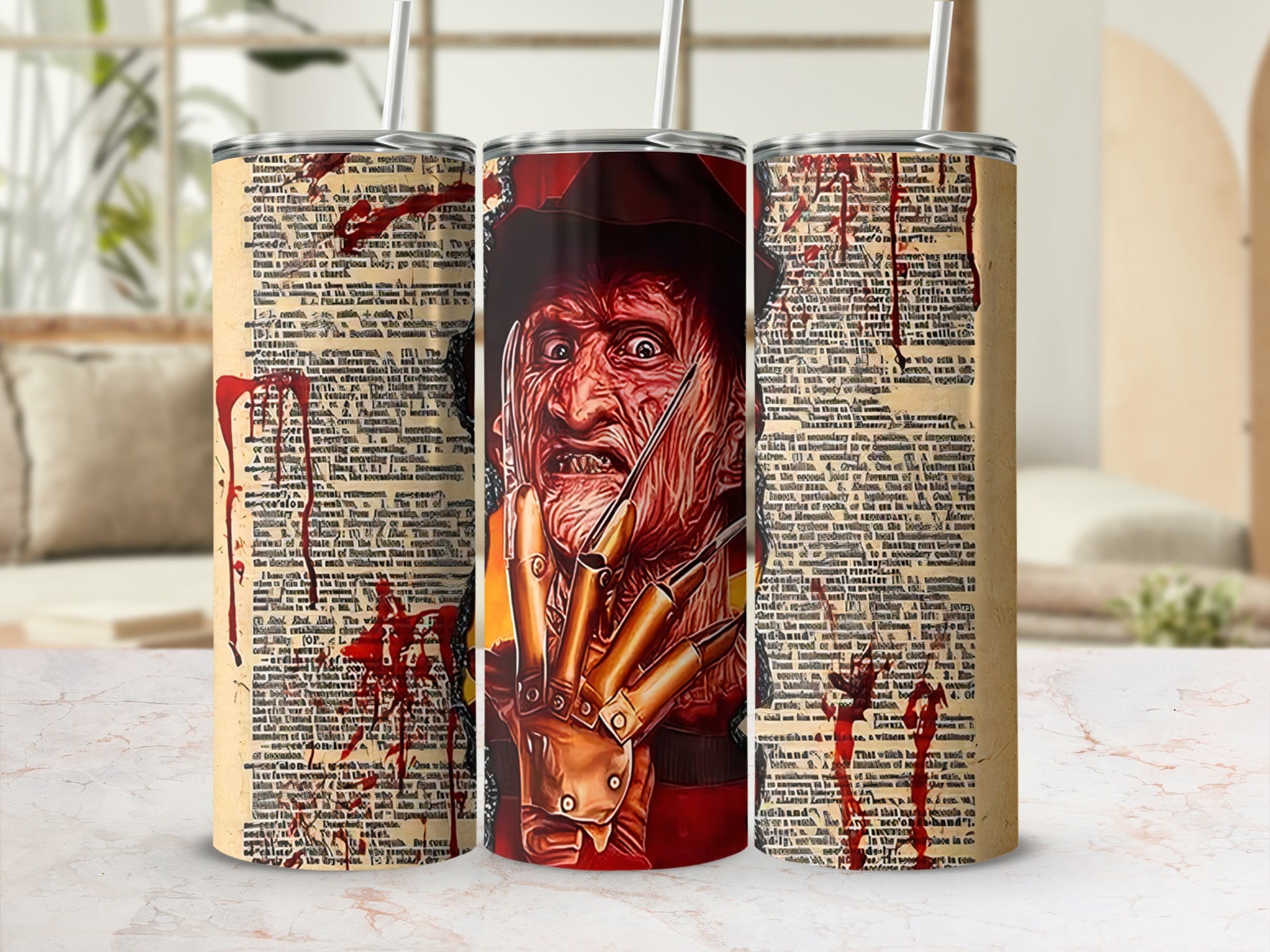 Three tumblers featuring Freddy Krueger's face and a bloody text pattern.