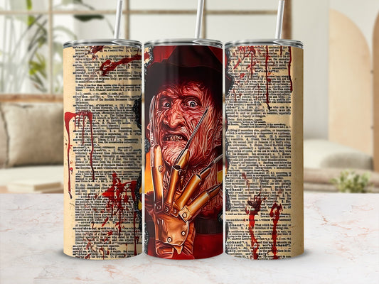Three tumblers featuring Freddy Krueger's face and a bloody text pattern.