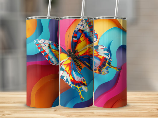Three tumblers with colorful abstract backgrounds and a butterfly design.