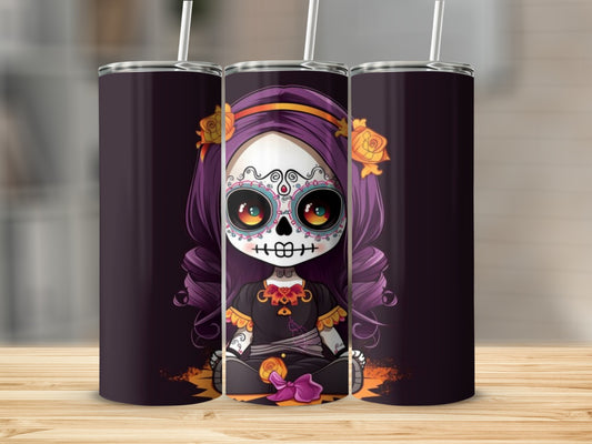 Three tumblers featuring a cartoon skull girl with purple hair and orange roses.