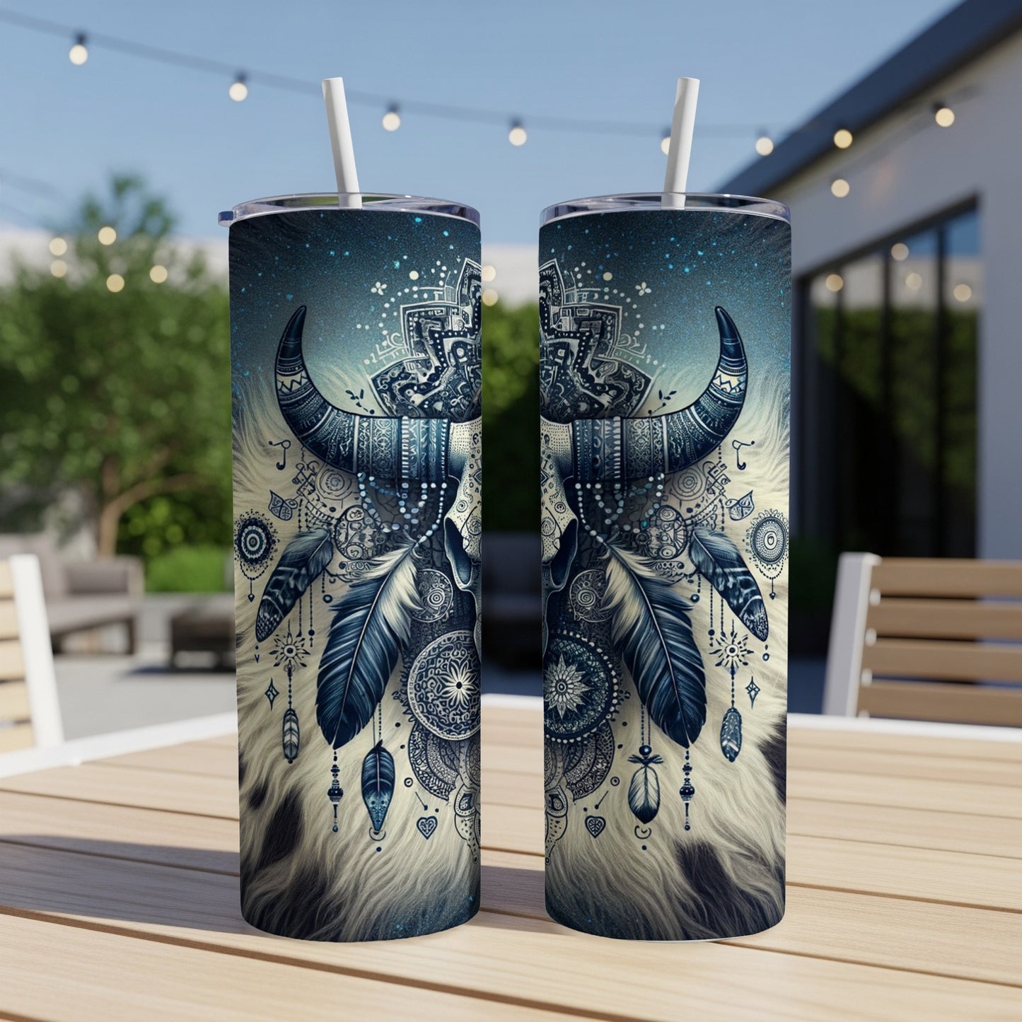 Two tumblers with a tribal bull skull and feather design.