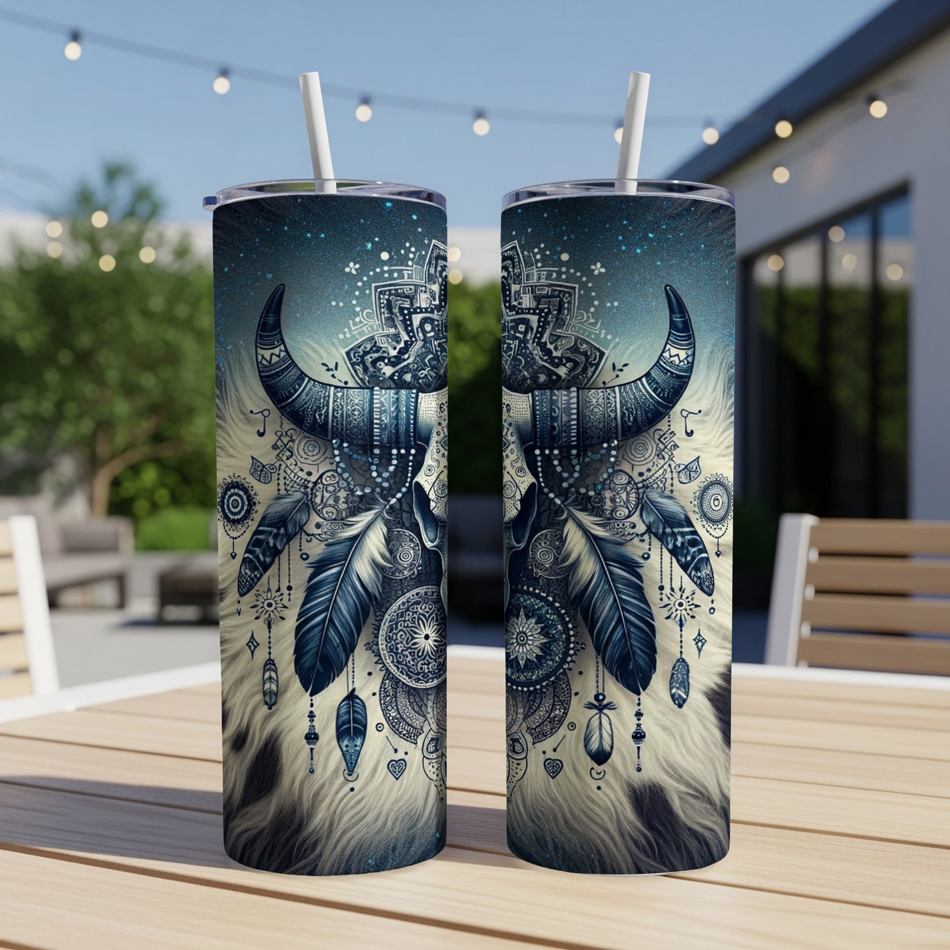 Two tumblers with a tribal bull skull and feather design.