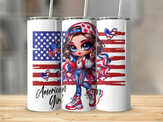 Cartoon girl with American flag elements on tumbler.