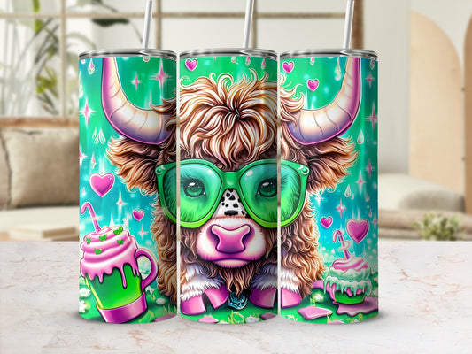 Highland cow with sunglasses and green hearts, holding pink milkshakes.