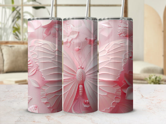 Three pink butterfly tumblers with straw, displayed on a marble countertop.