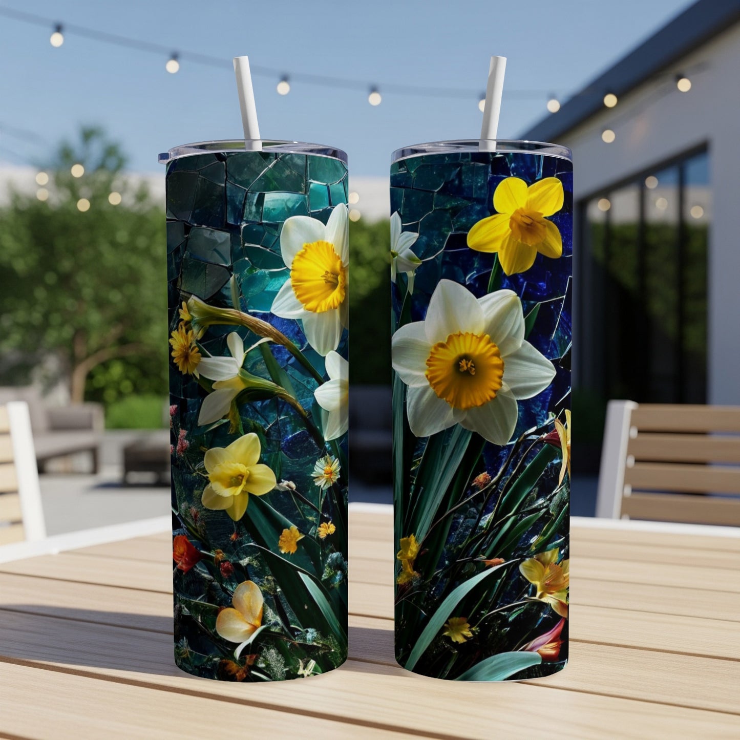 Two tumblers with a floral pattern of white and yellow daffodils.