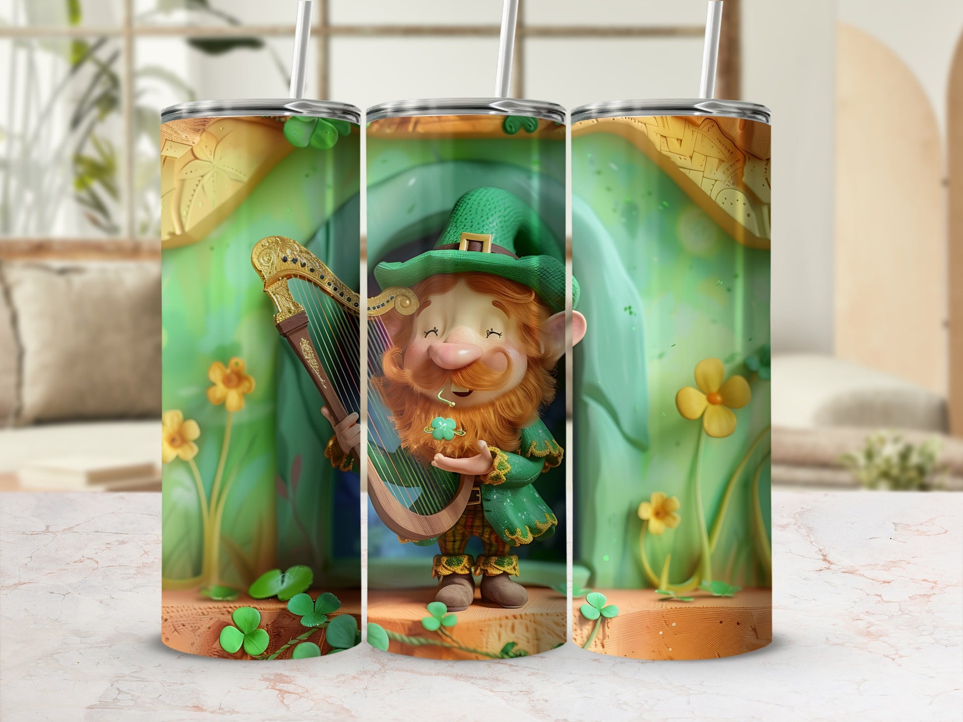 Leprechaun playing a harp in a whimsical green setting with shamrocks.