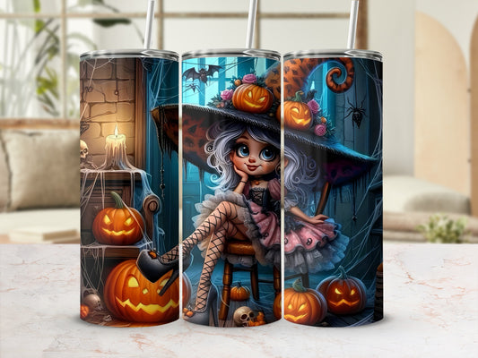 Three tumblers with a Halloween design featuring a witch, pumpkins, skulls, spiders, and a bat.