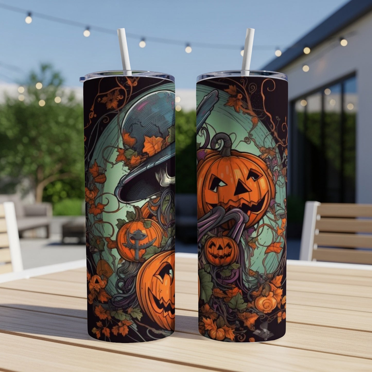 Two Halloween-themed tumblers with jack-o'-lanterns and witch hat designs.