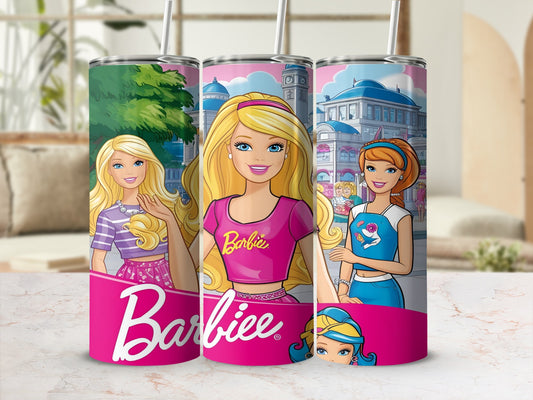 Barbie tumblers featuring Barbie characters and cityscape.