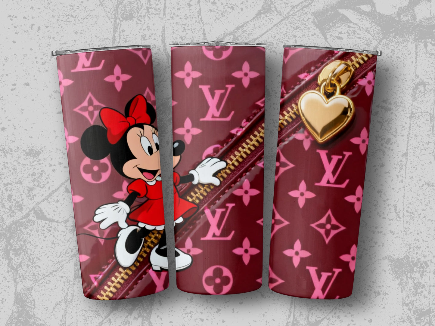 Minnie Mouse on pink LV monogram with gold zipper and heart charm.