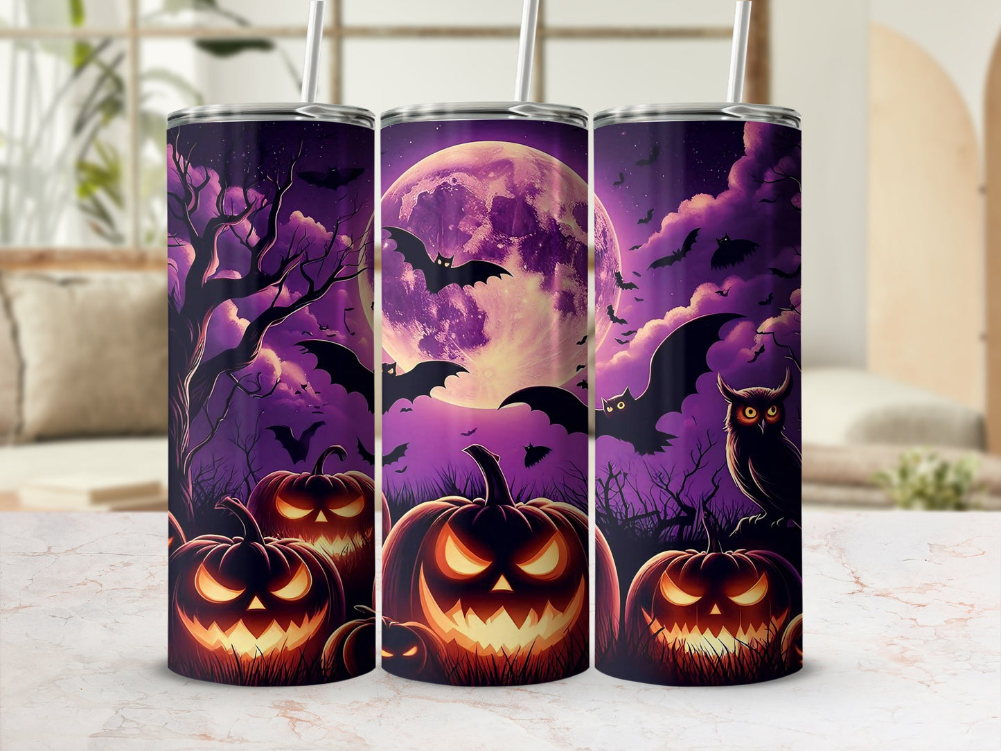 Halloween tumblers with jack-o'-lanterns, bats, and a large moon.