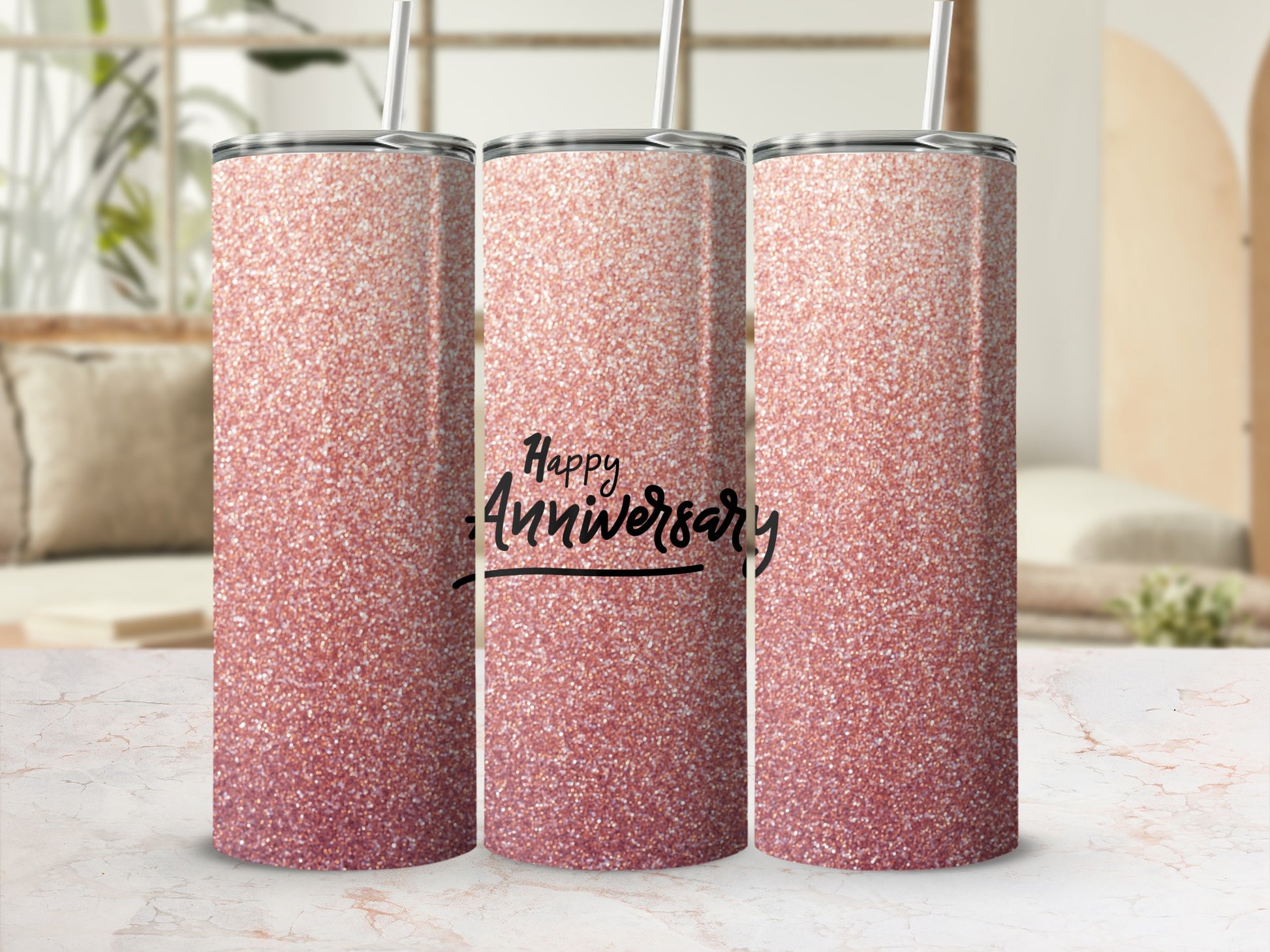 Rose gold glitter tumbler with "Happy Anniversary" text.