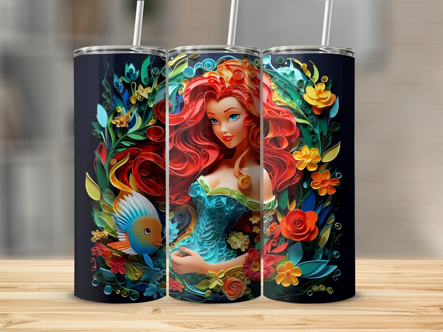 Vibrant Mermaid Design Water Bottle with Colorful Flowers