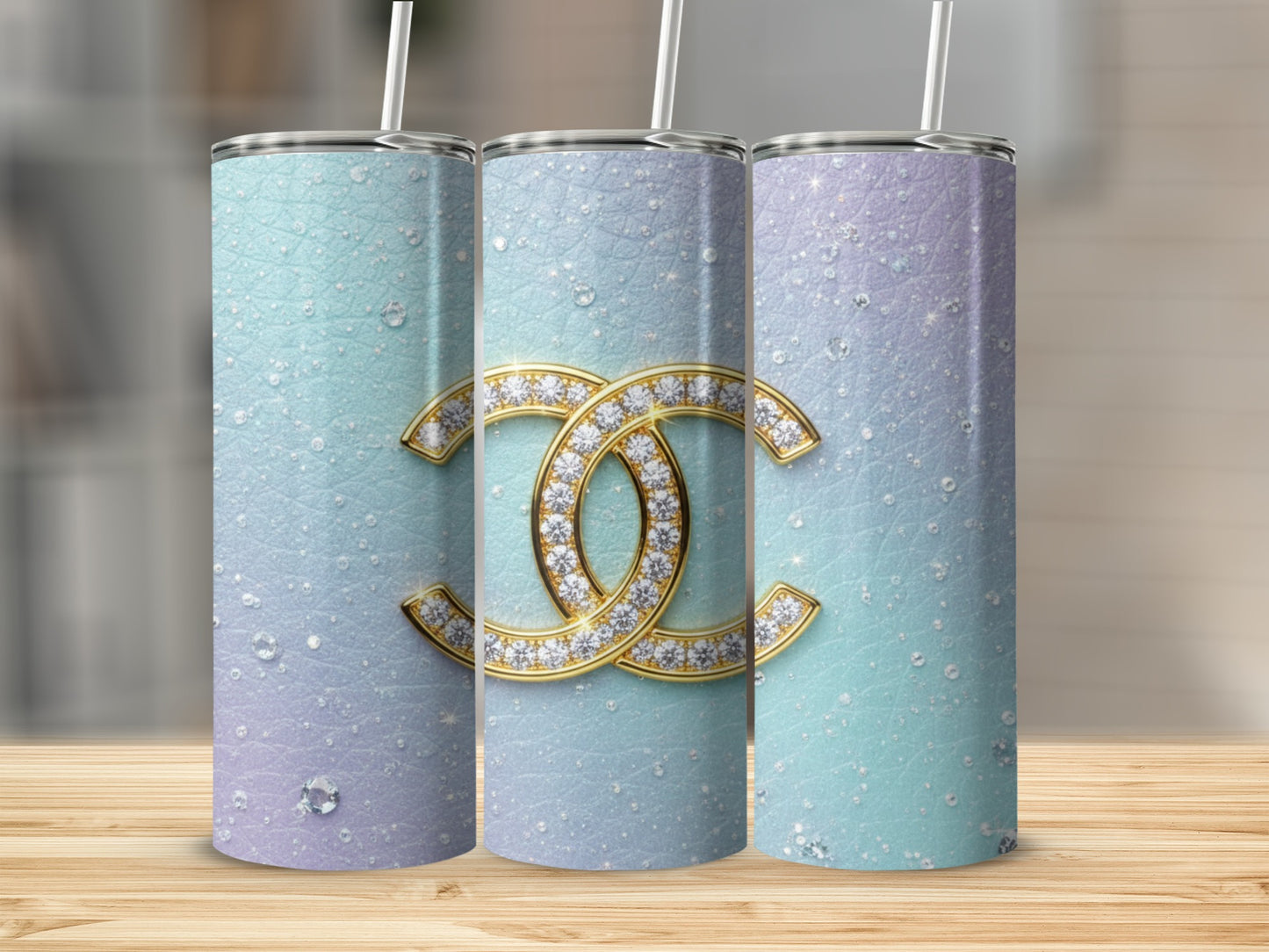 Chanel Inspired Sparkling Golden Diamond Interlock Design Print Tumbler