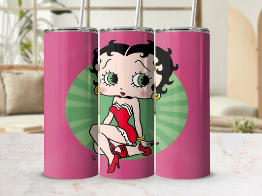 Betty Boop character in red dress and high heels on a pink tumbler.