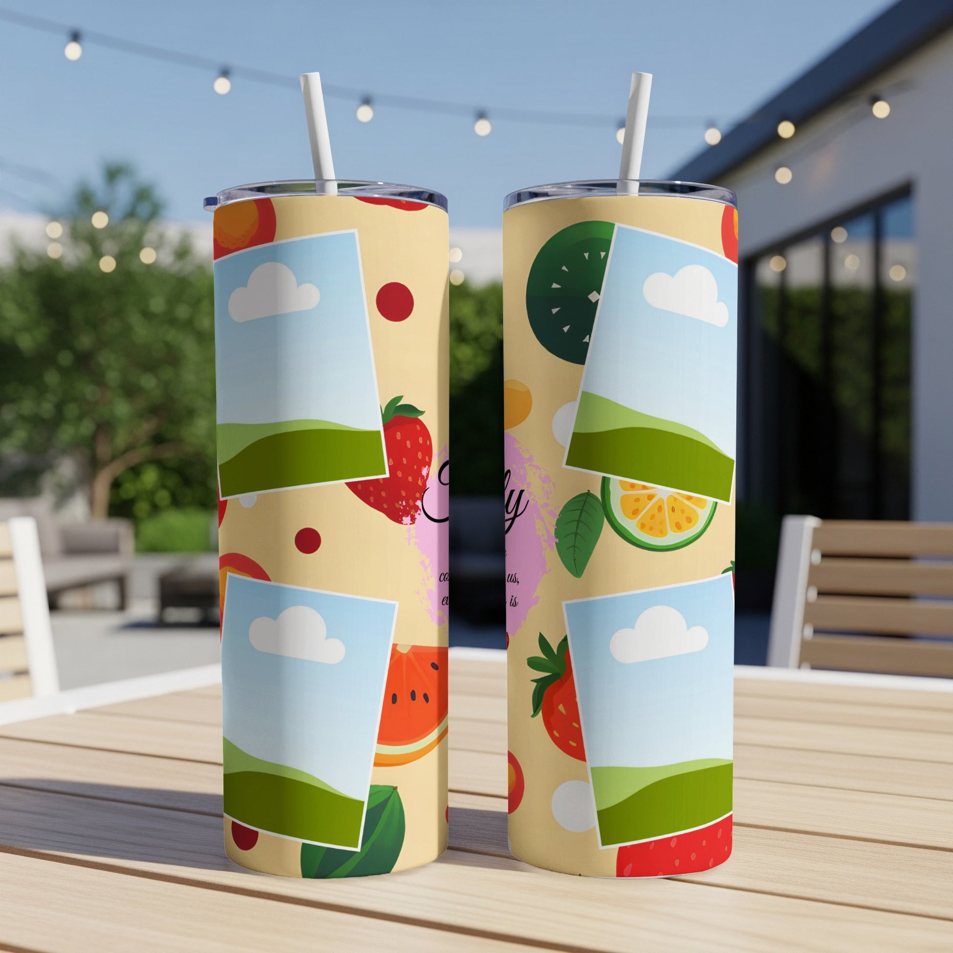 Two tumblers with a fruit pattern and placeholder image frames sit on a wooden table.