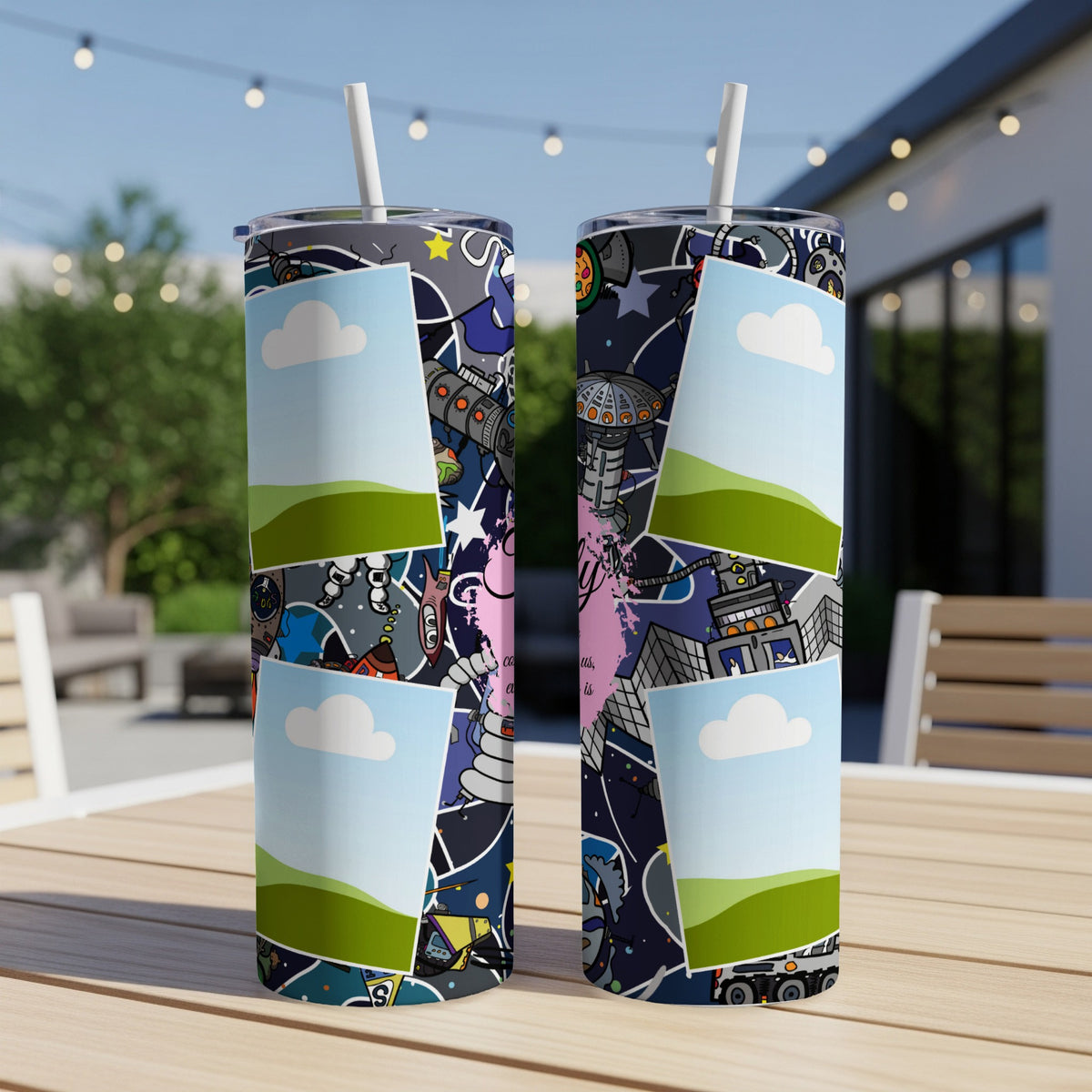 Two tumblers with cartoon space-themed pattern and photo placeholders.