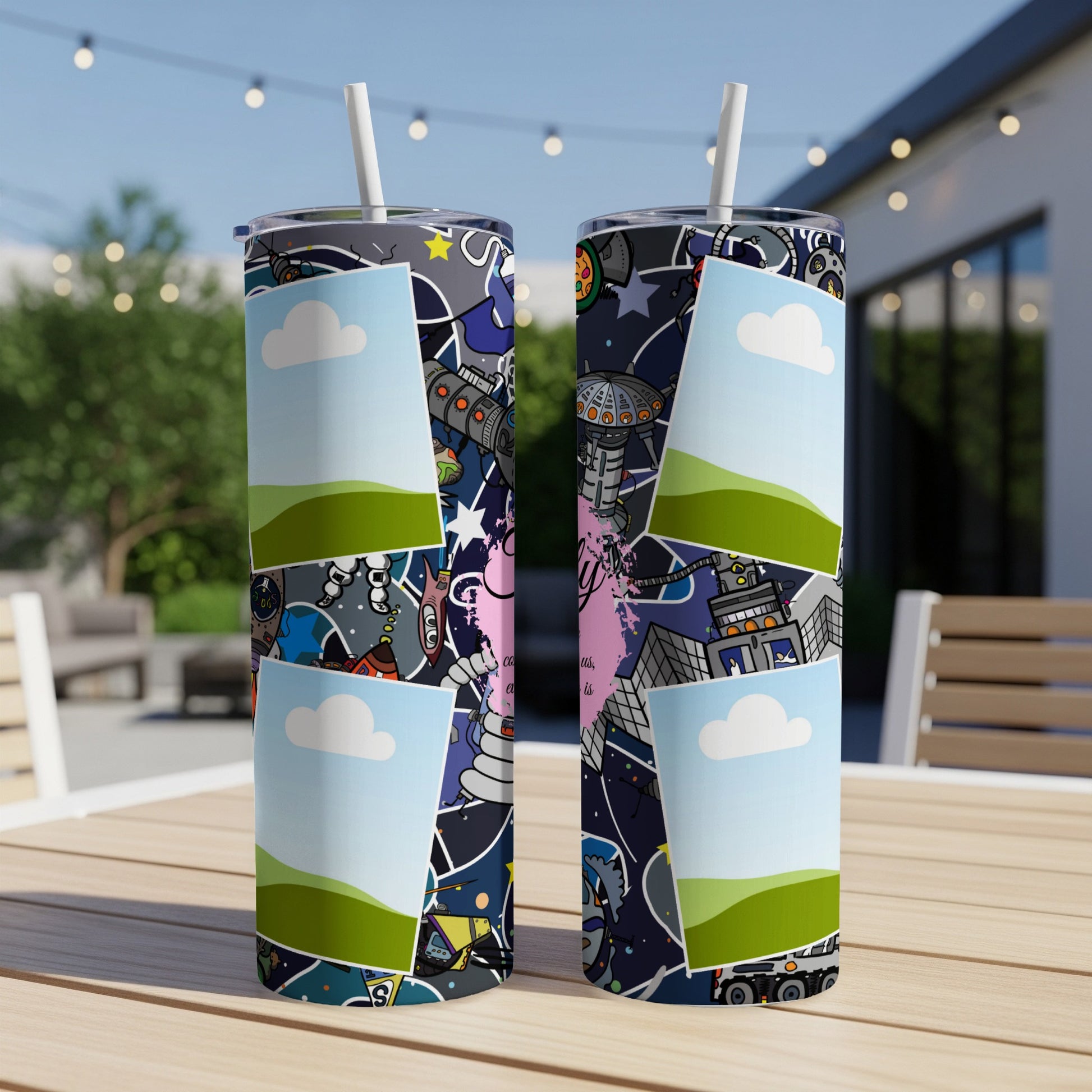 Two tumblers with cartoon space-themed pattern and photo placeholders.