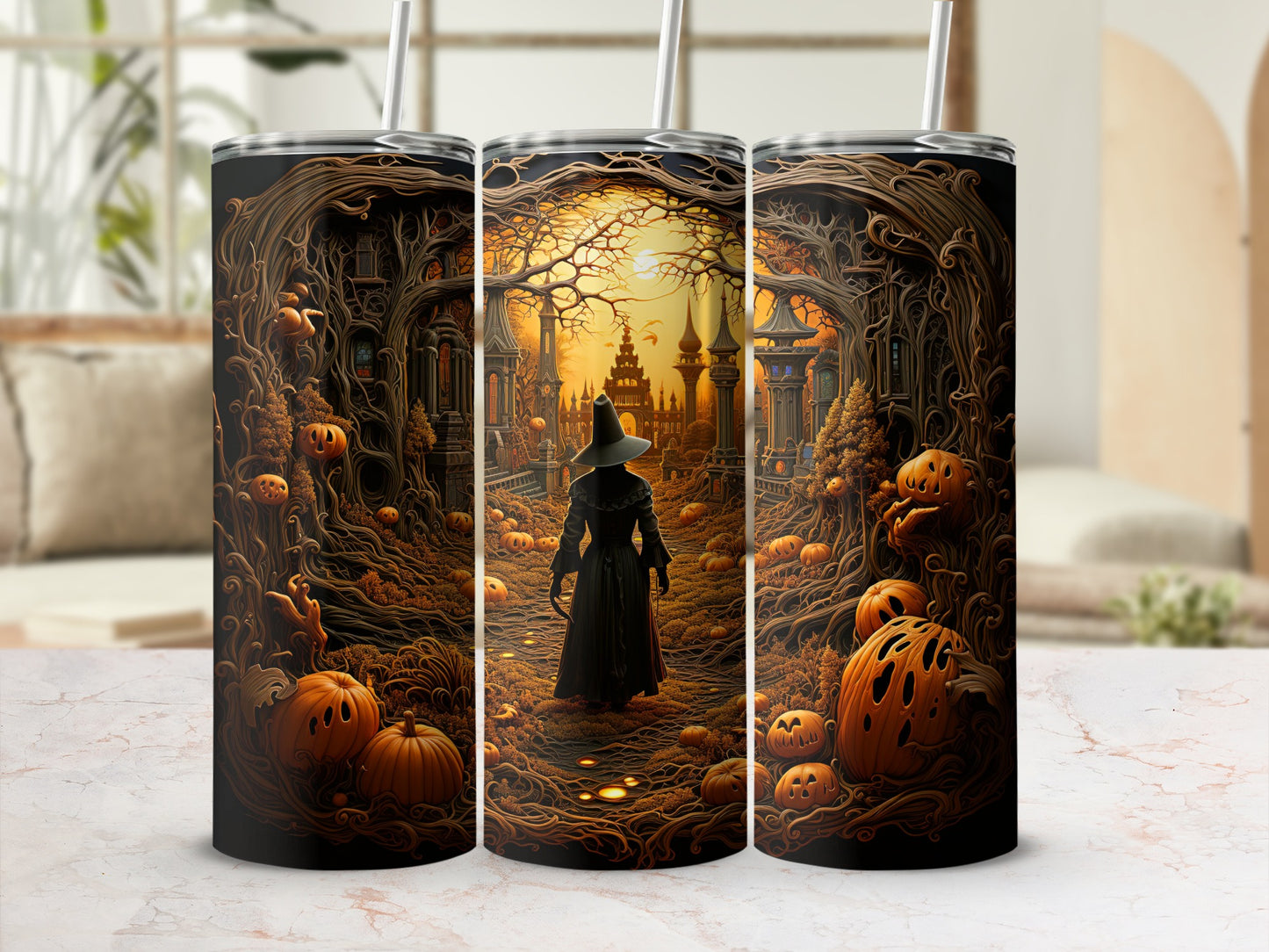 Tumbler with a witch and jack-o'-lanterns in a spooky forest scene.
