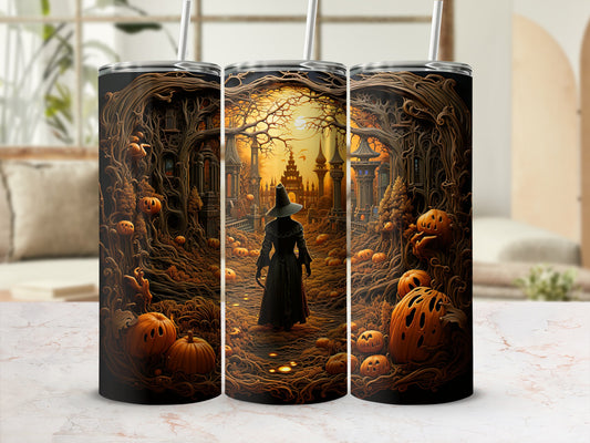 Tumbler with a witch and jack-o'-lanterns in a spooky forest scene.
