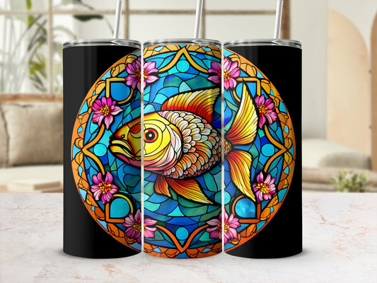 Black tumbler with stained glass fish and floral design.