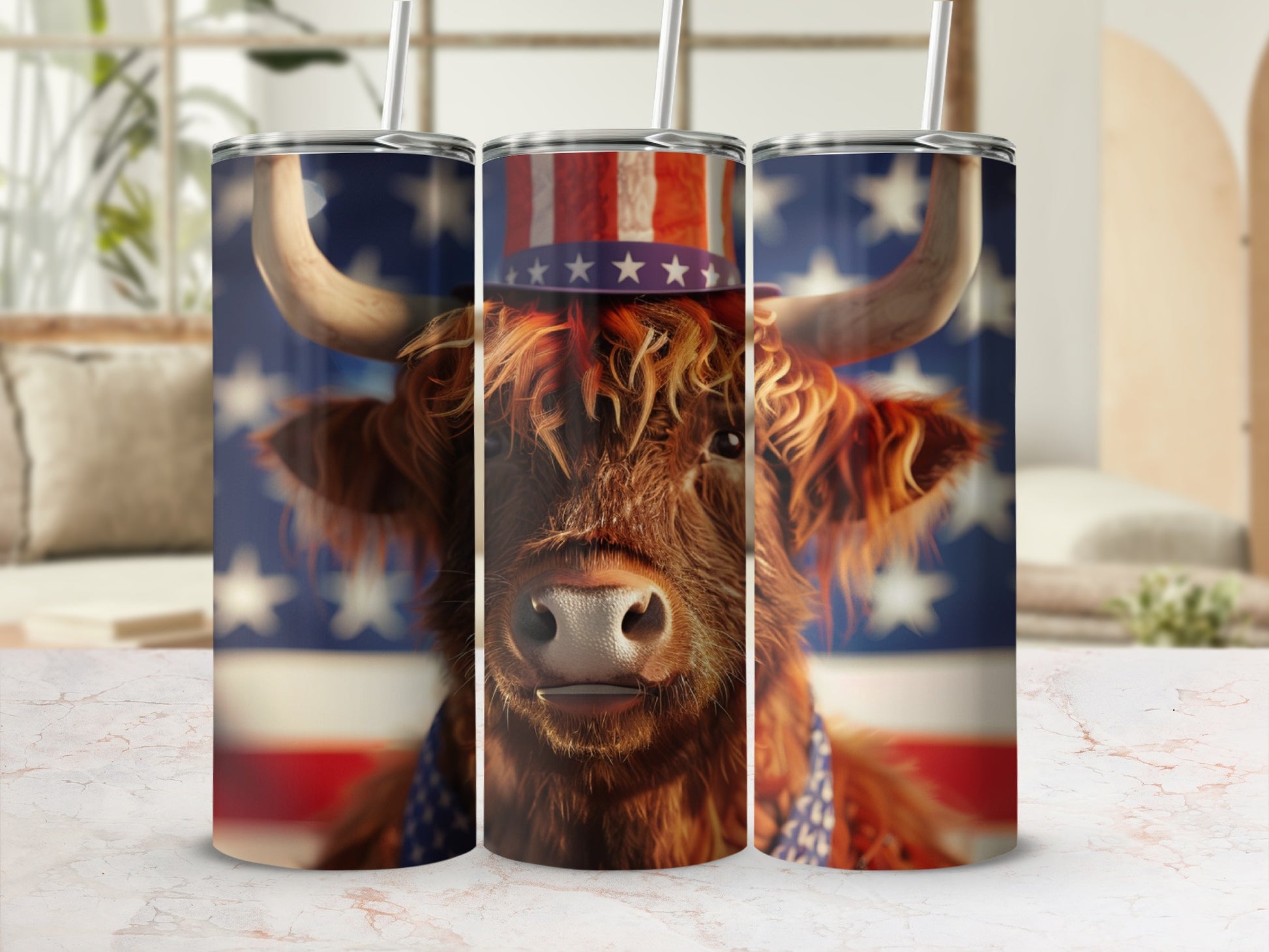 Highland cow wearing American flag hat and bandana.