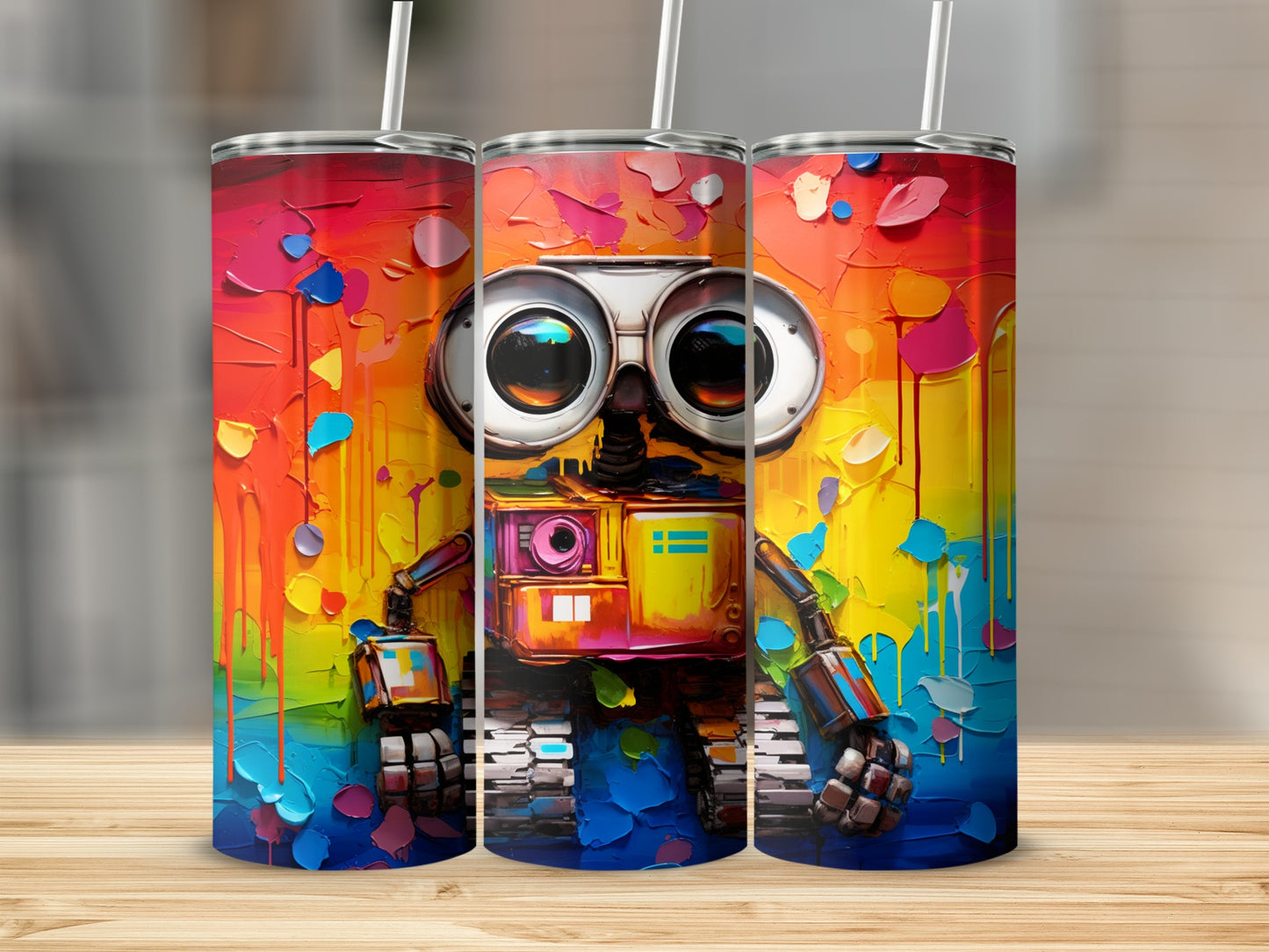 Colorful Robot Art Tumblers with Straws for Fun Drinkware