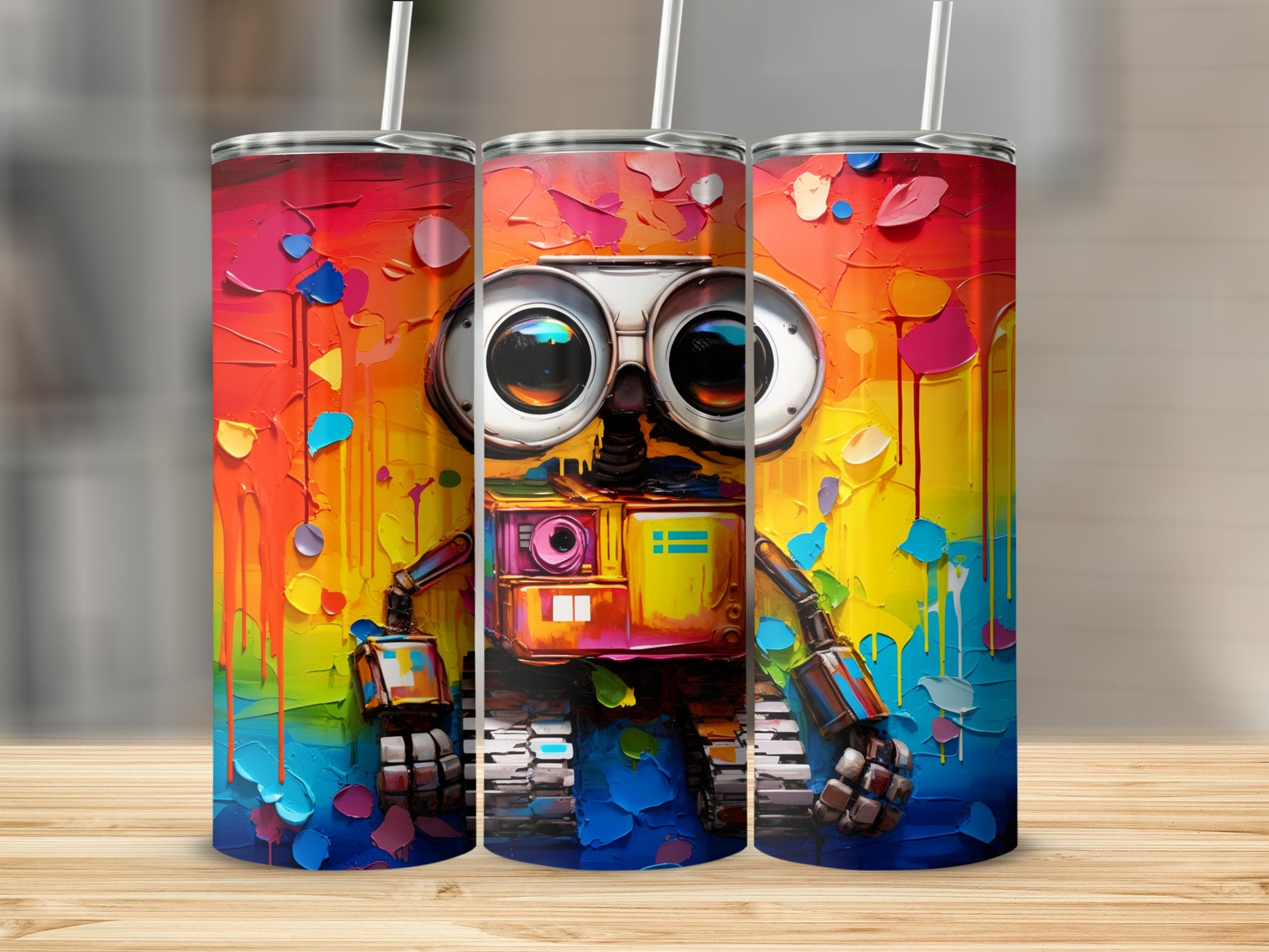 Colorful Robot Art Tumblers with Straws for Fun Drinkware