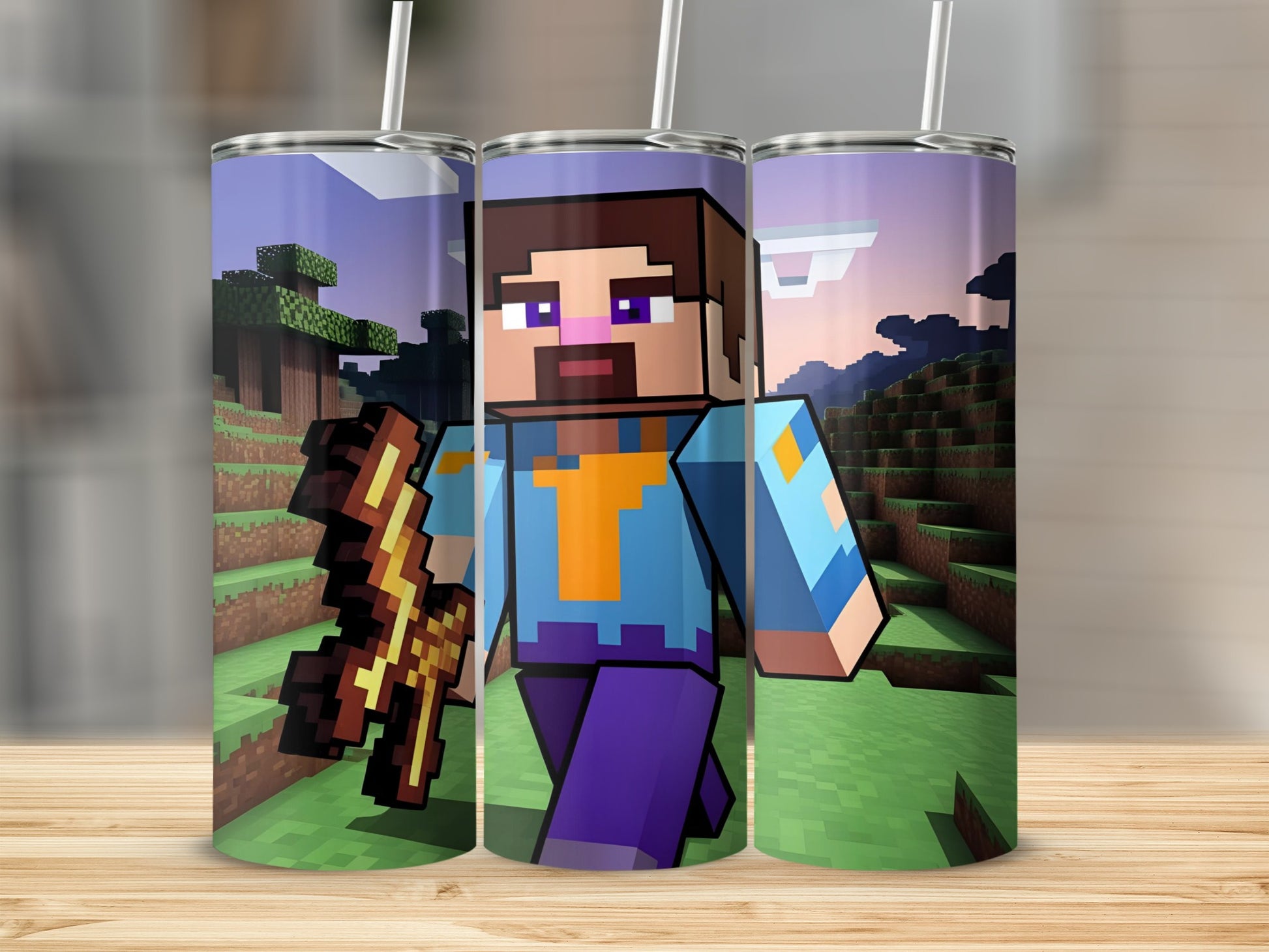 Minecraft character holding a sword, in a pixelated landscape.