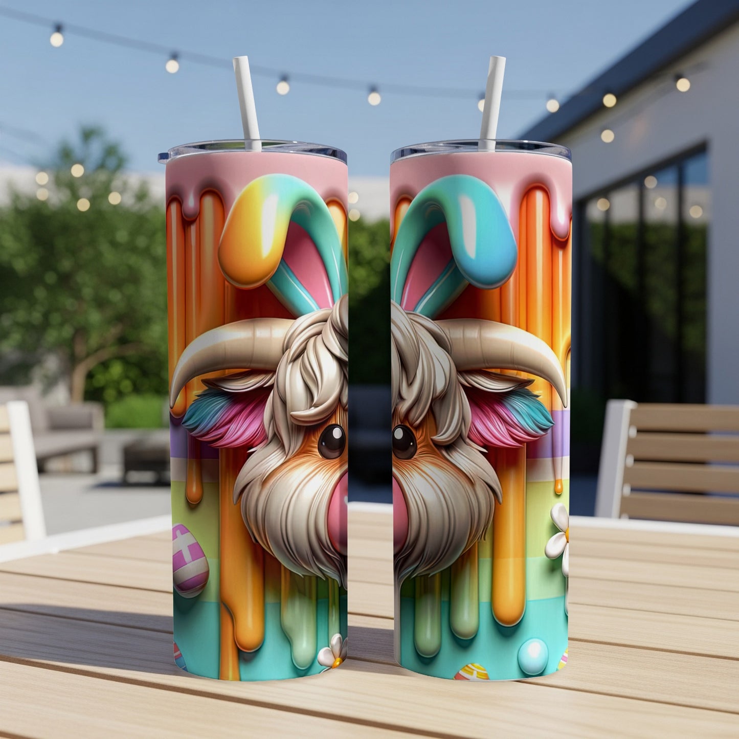 Two identical tumblers with a fluffy bunny character, colorful drips, and Easter eggs.