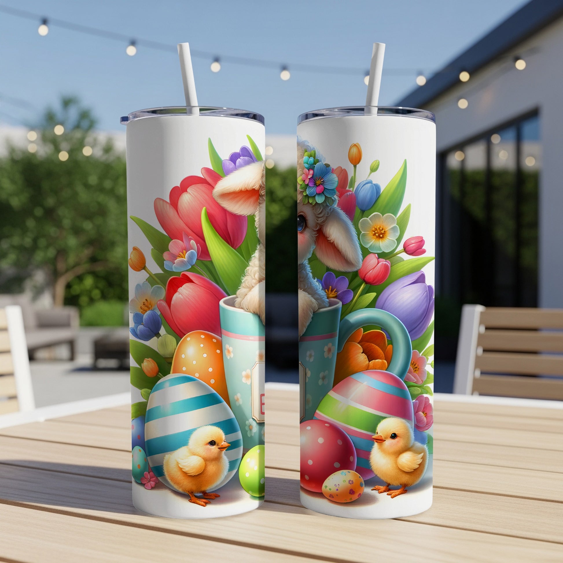 Easter-themed tumbler with chicks, decorated eggs, and colorful spring flowers.