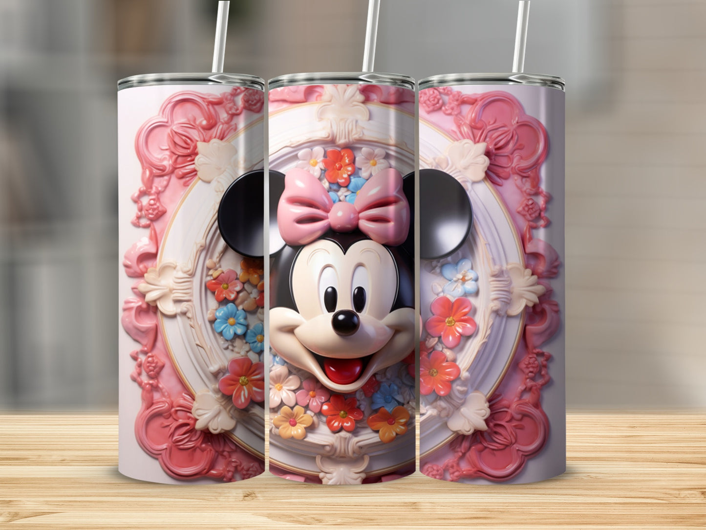 Cute Floral Minnie Mouse Tumbler with Bow Design