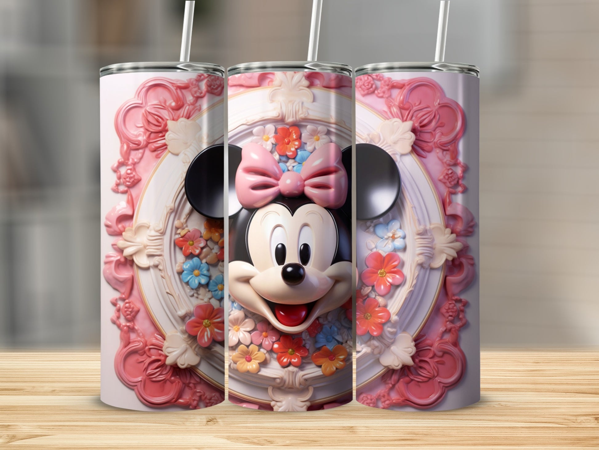 Cute Floral Minnie Mouse Tumbler with Bow Design
