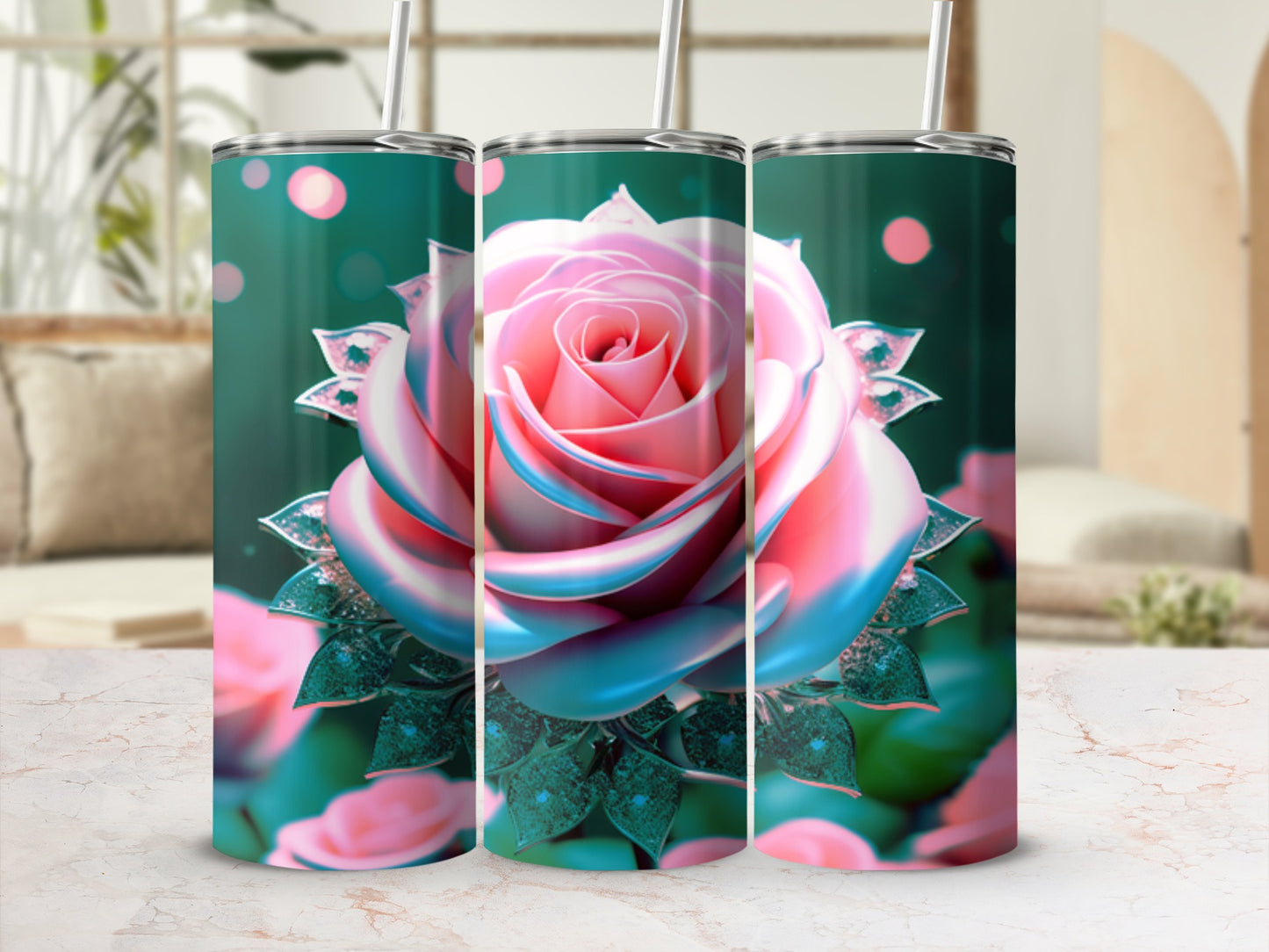 Three tumblers with a pink and blue rose design and teal accents.