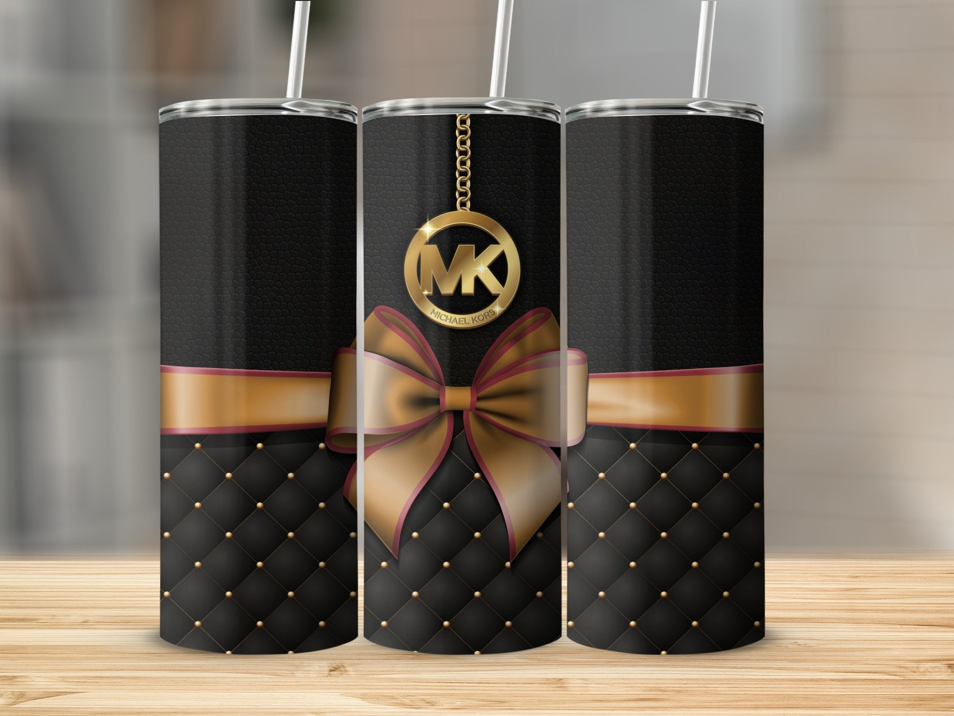 Black and Gold Designer Tumbler with Bow and Charm Decor