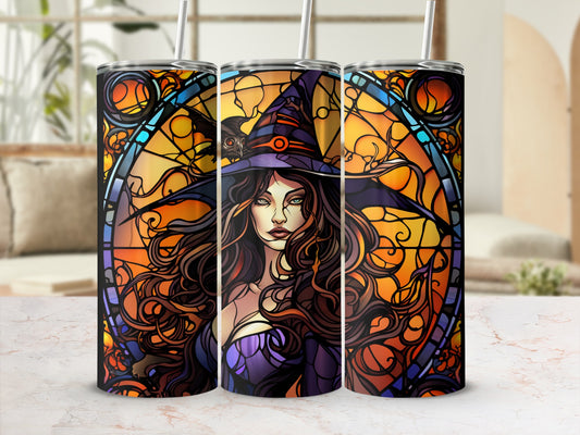 Three tumblers with stained-glass witch design and lids.